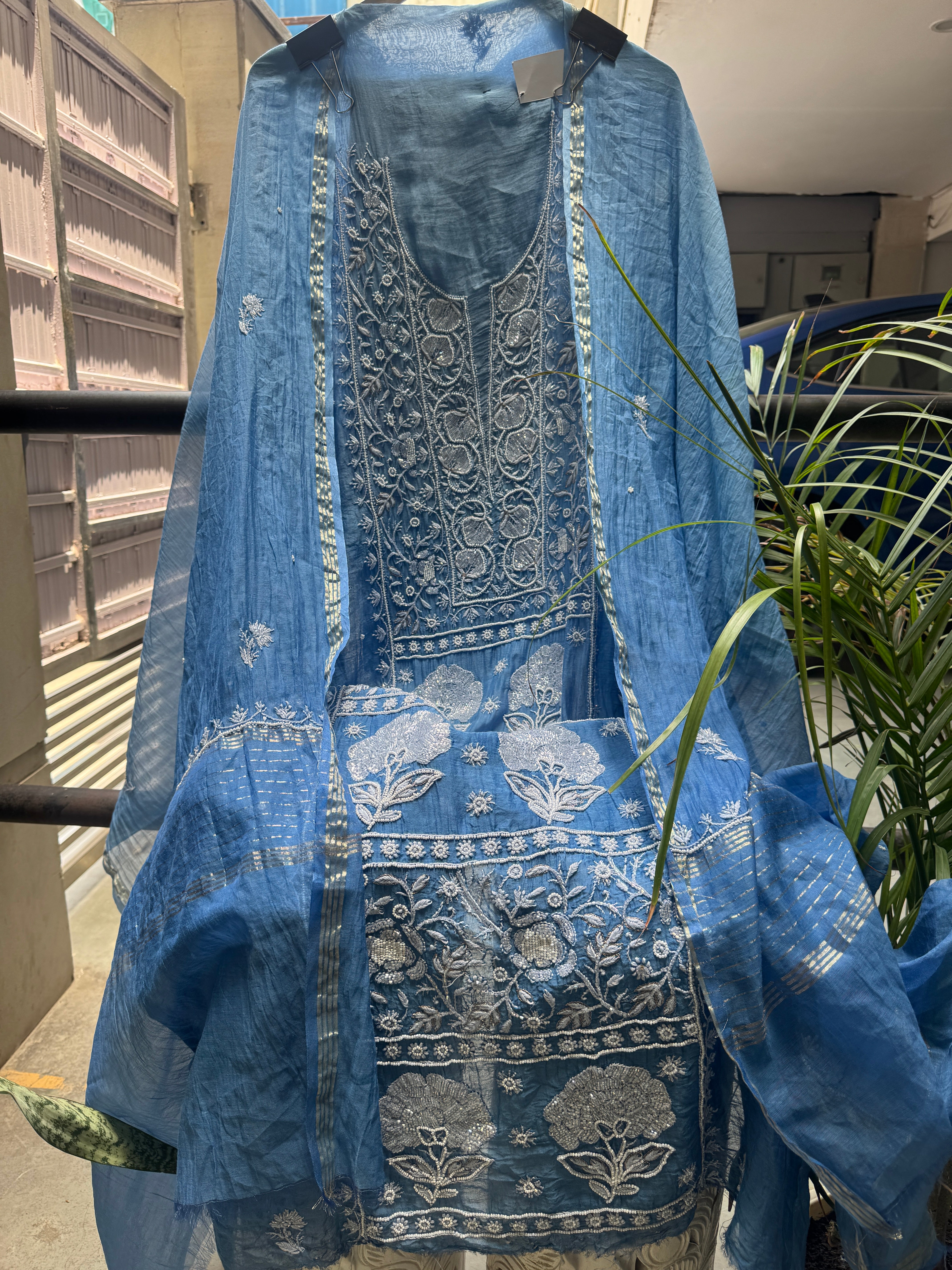 Azure pure mul Lucknowi suit set