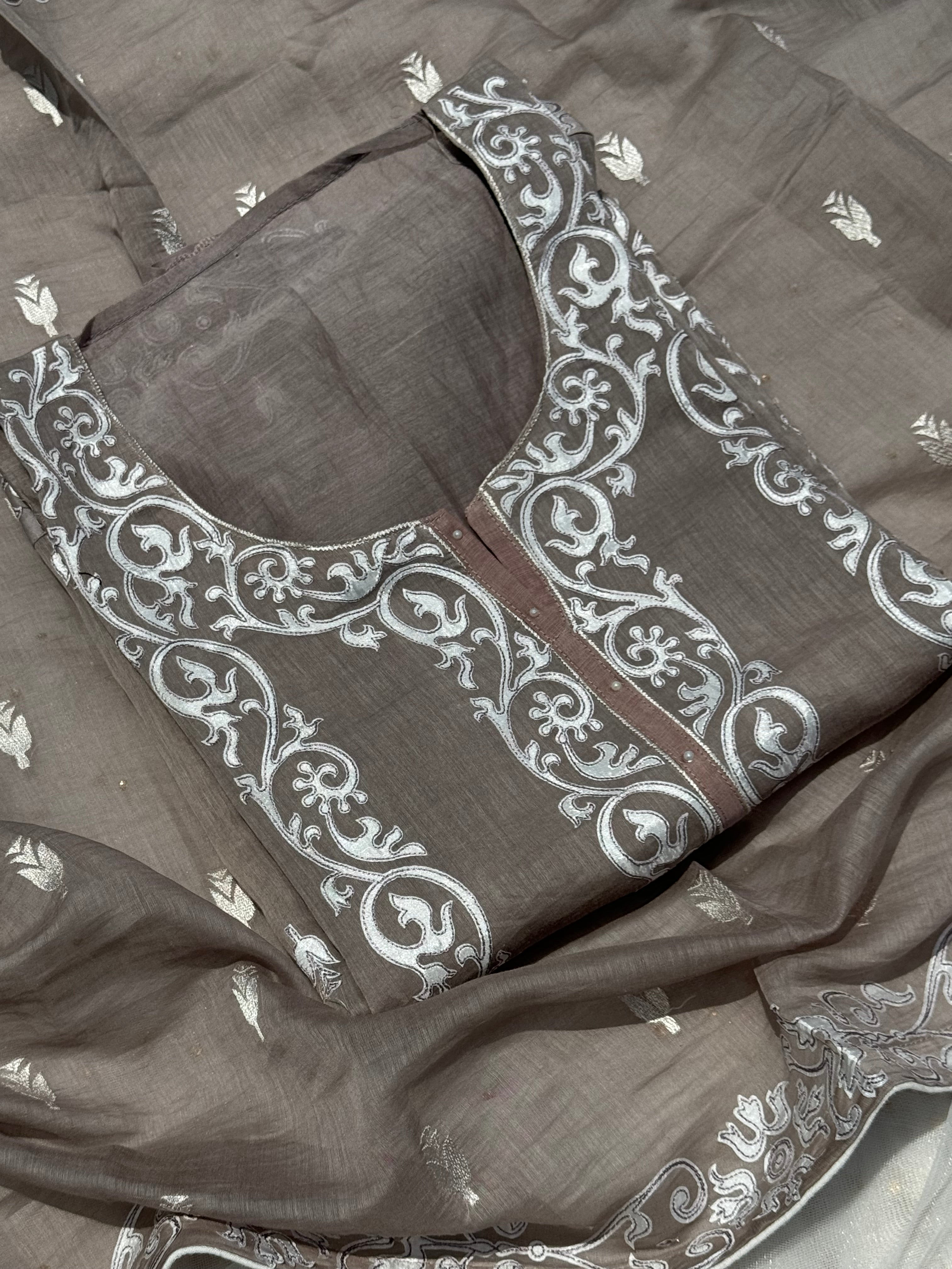 Taupe pure Mulmul Chanderi suit set