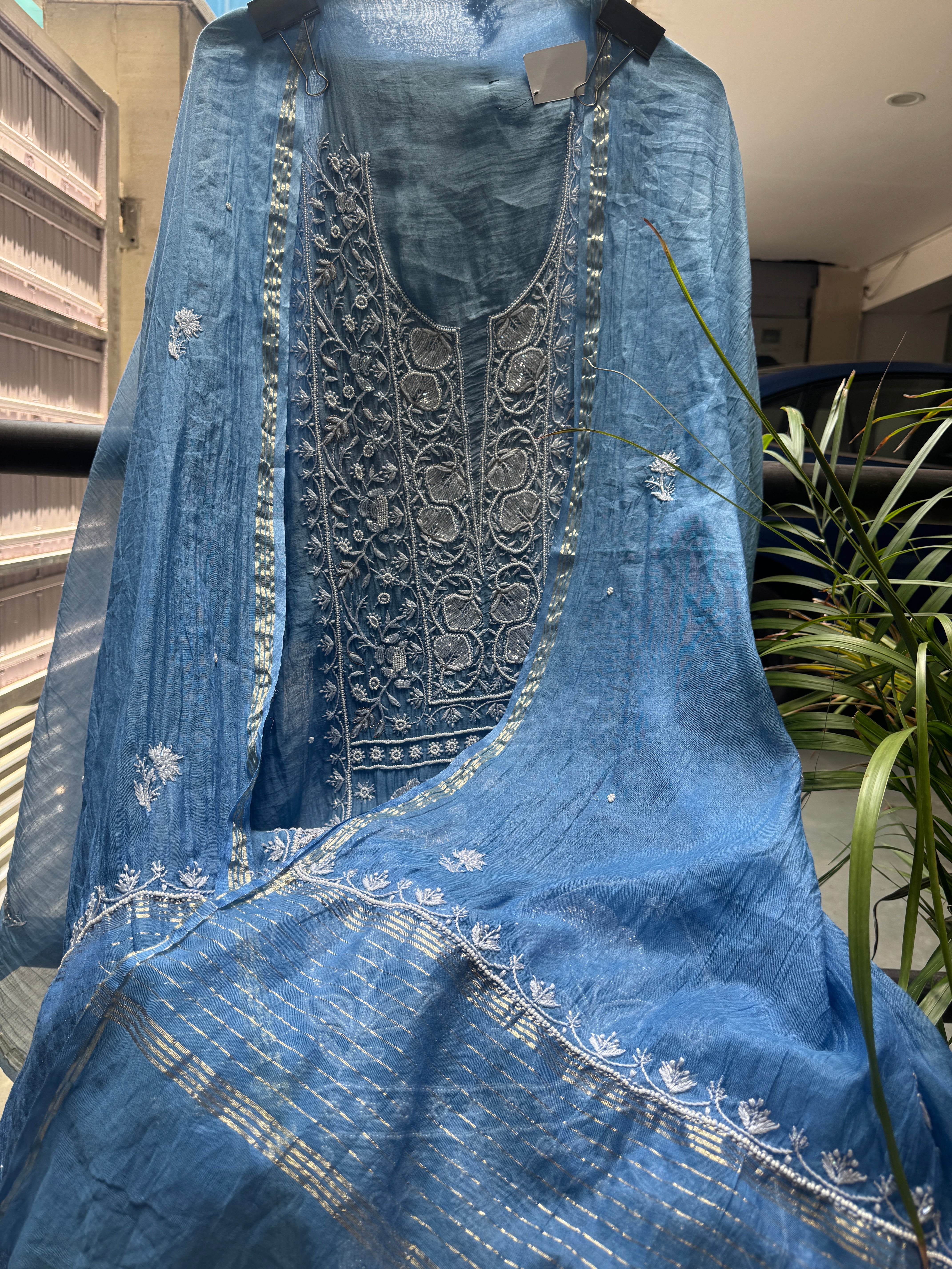 Azure pure mul Lucknowi suit set