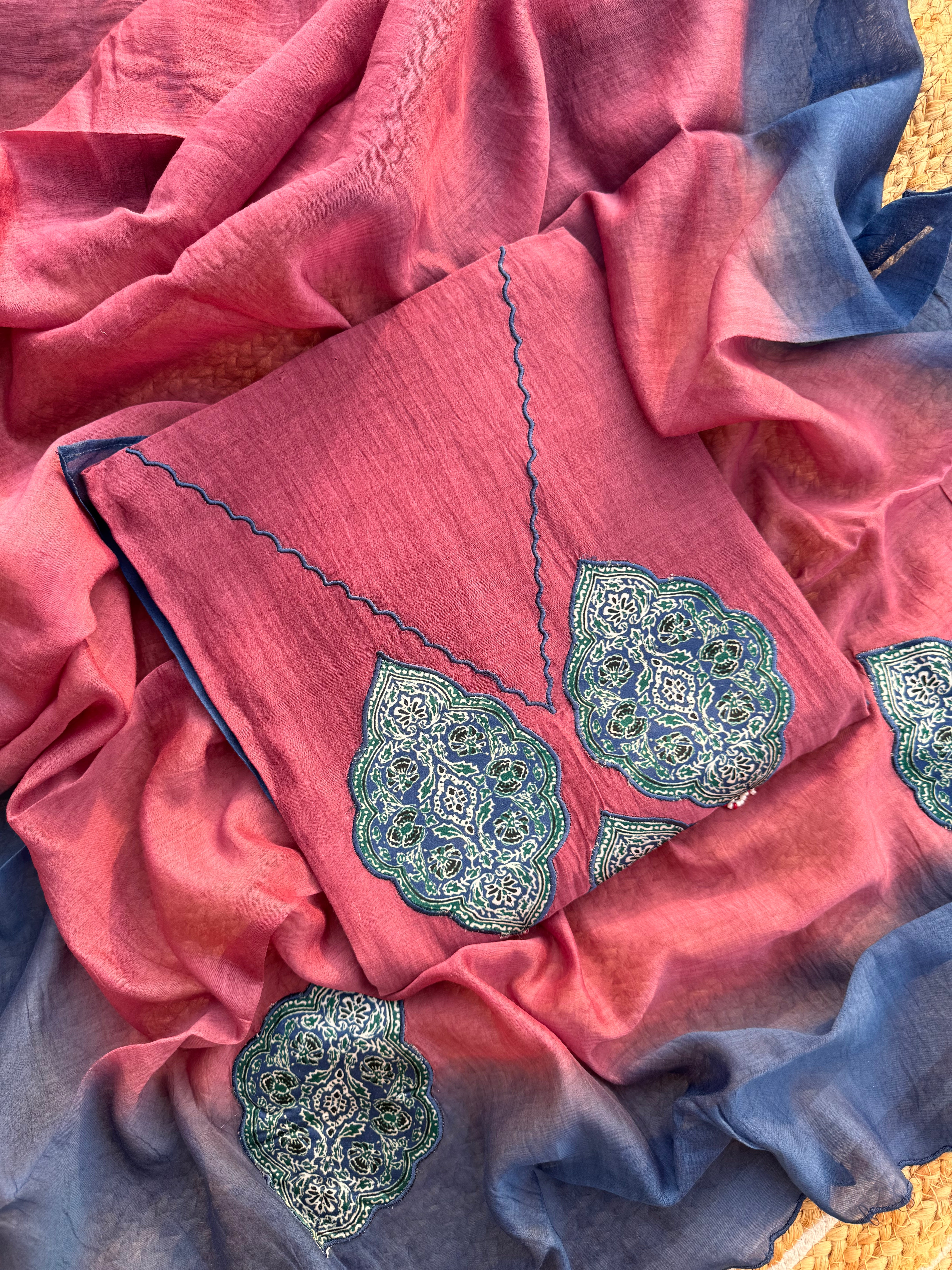 Ombré ajrakh pure Mulmul Chanderi suit set