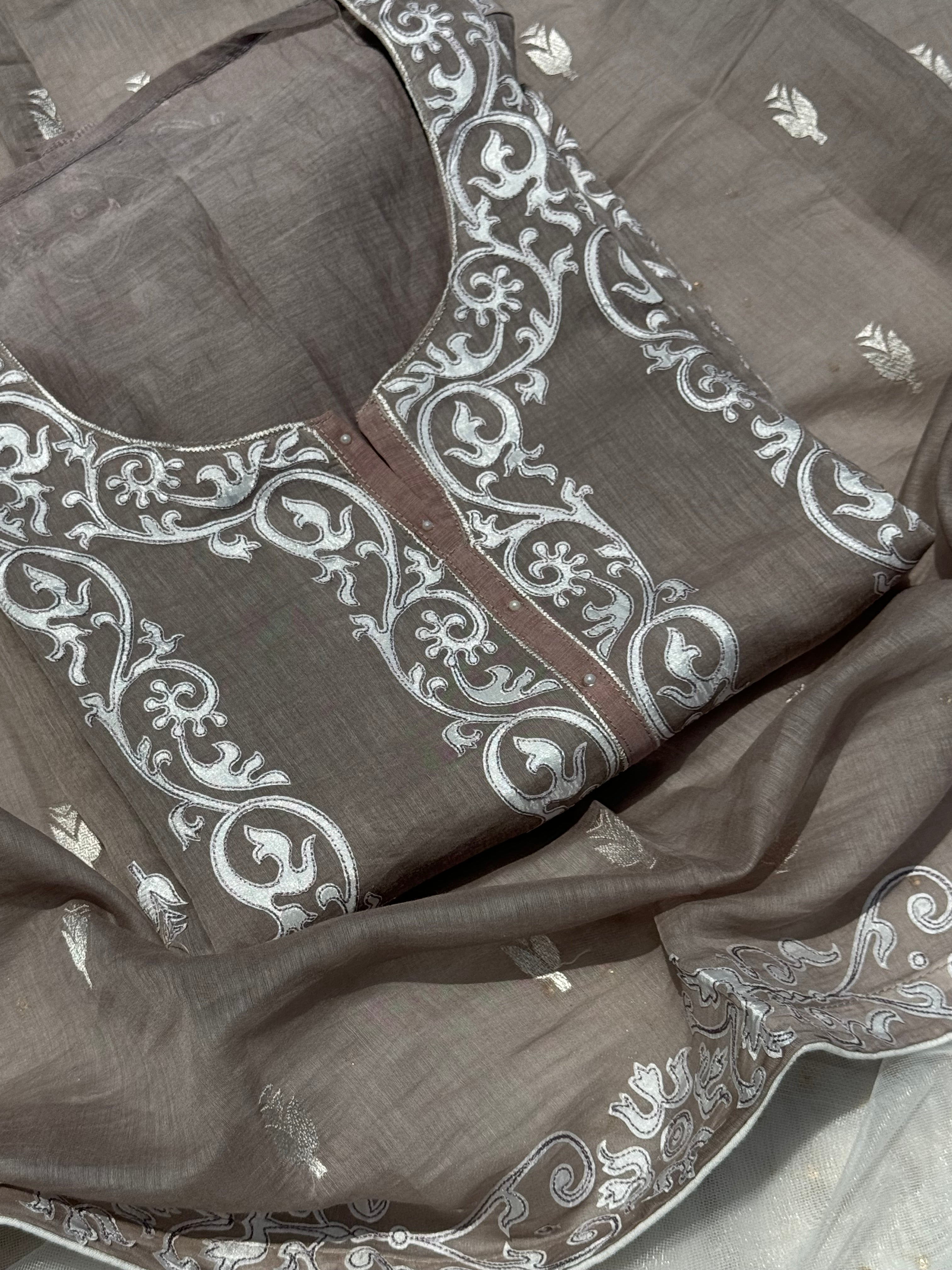 Taupe pure Mulmul Chanderi suit set