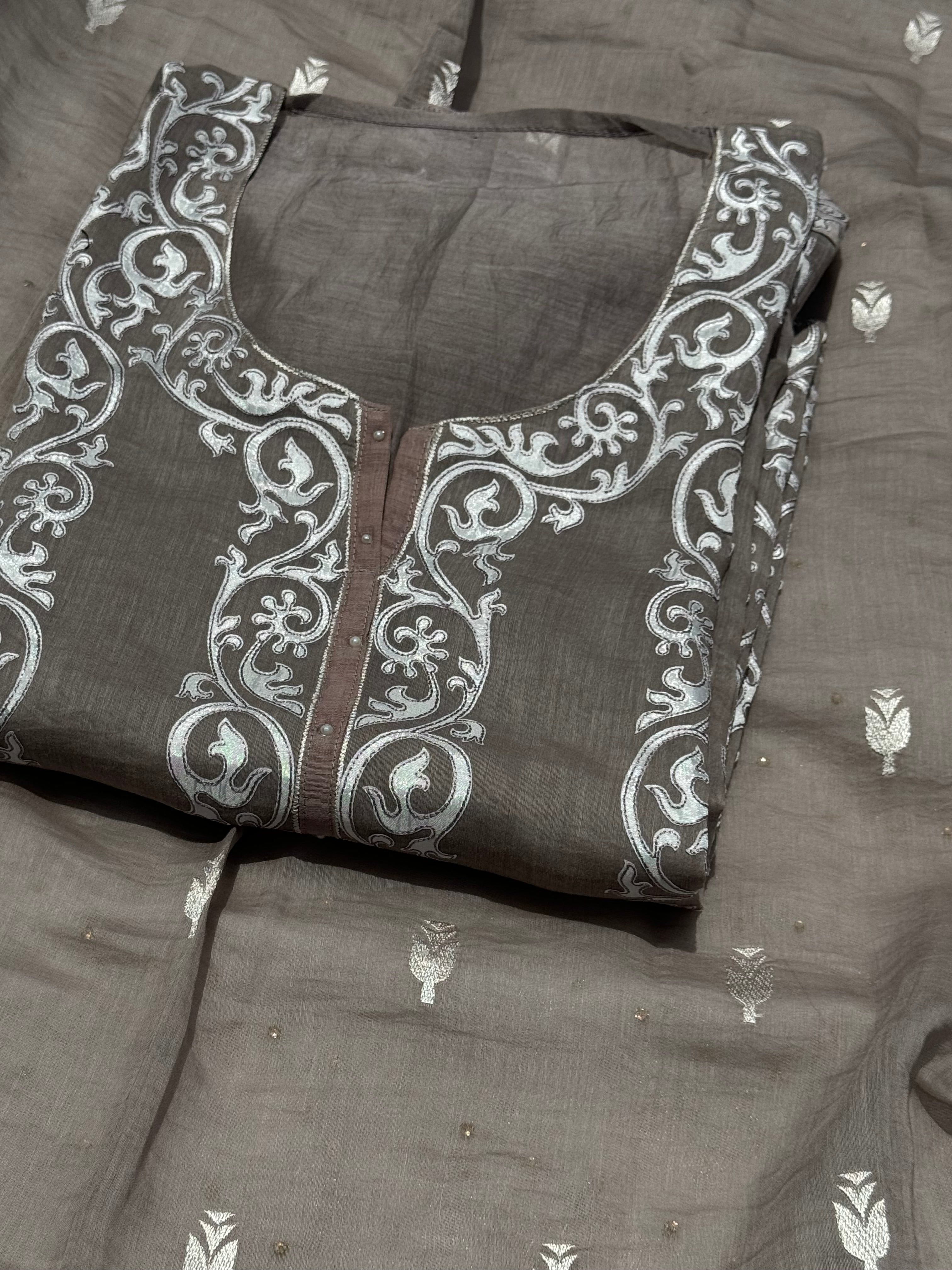 Taupe pure Mulmul Chanderi suit set